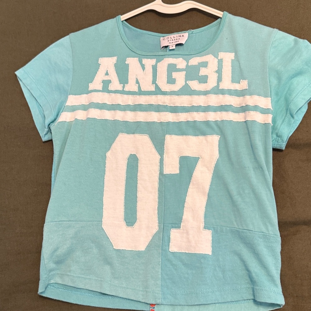 Aqua Graphic Tee with White 'ANG3L 07' Print